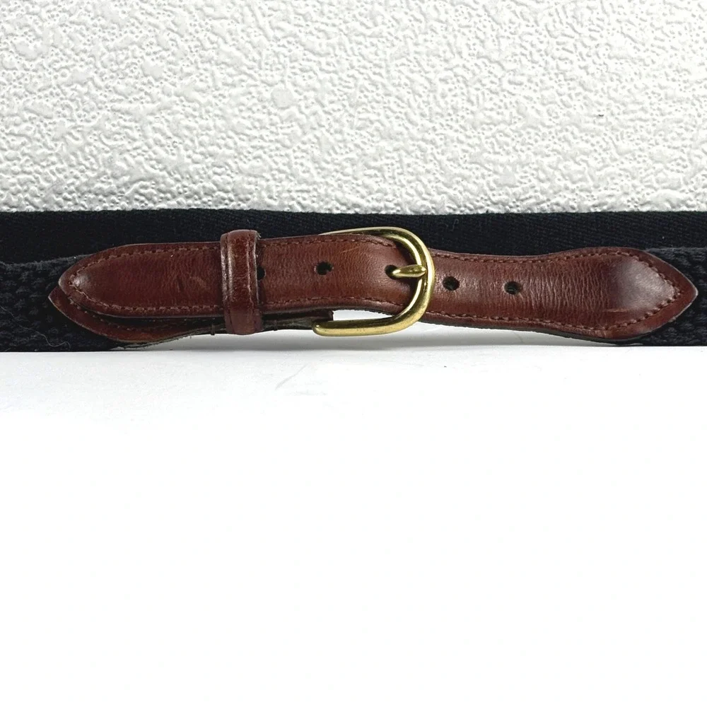 John Henry Woven Surcingle Belt Mens 36 Navy Blue Brown Leather Brass Classic
